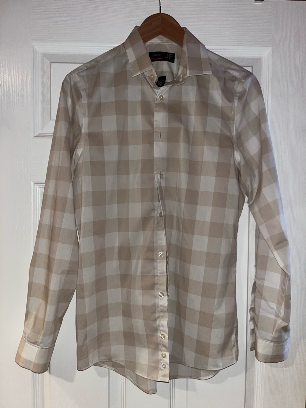 jf j.ferrar Beige and White Check Dress Shirt